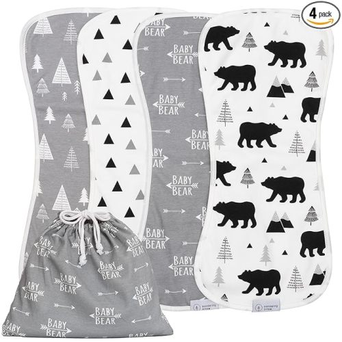 Organic Burp Cloths for Baby Boys and Girls with Bag - XLarge Absorbent Burping Clothes, Newborn Towel, Milk Spit Up Rags, Burpy Cloth Bib for Unisex, Boy, Girl, Baby Bear Woodland, 4 Pack