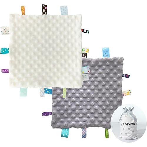 CREVENT Tag Security Blankets for Babies, Soft Small Taggie for Boys Girls, Baby Comforter Sensory Blanket, Great Gifts for Birthday Baby Shower 10"X10" (Grey+Ivory)