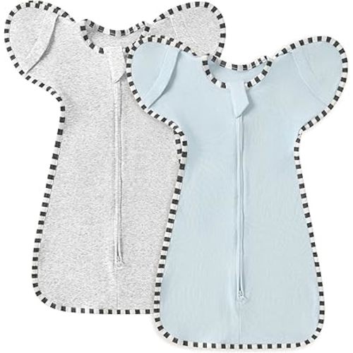 Soft Cotton Swaddle Blanket, Arms Up Baby Sleep Transitional Swaddle Sack Wearable Sleeping Bag for Boy Girl (Light Blue + Light Grey, S(0-3 Months))