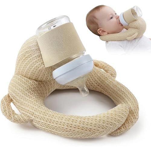Krilggona Hands Free Baby Bottle Holder, Feeding Support Pillow with Universal Bottle Strap, Breathable Mesh Self-Feeding Pillow for Newborn to 3 Years, Machine Washable, Beige