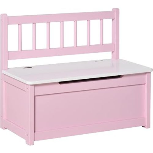 Qaba Toy Box Chest, Kids Storage Bench with Large 27 L Interior, Toy Organizer with Top Lid, and Backrest, Kids Bedroom Furniture for Nursery Room, Playroom, Bedroom, 24" x 12" x 20", Pink