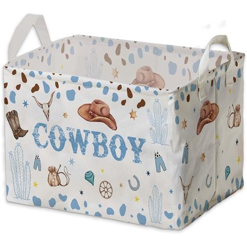 Western Basket for Cowboy Nursery Decor Boy, Blue White Brown Western Toy Bin, Cowboy Baby Shower Decorations, Large Squarecanvas Laundry Hamper With A Waterproof PECoating, Foldable