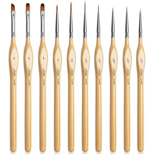 Golden Maple Miniature Paint Brushes 10pcs Detail Paint Brushes Flat Angle Filbert Fine Detail Brush Set for Acrylic, Watercolor, Dollhouse, Citadel, 40k.