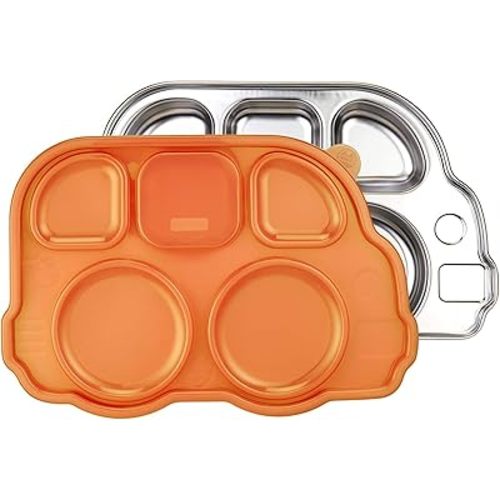 Innobaby Stainless Bus Plate with Airtight Sectional Lid, The Original, Leak-Resistant Divided Platter, Mom Invented Fun Shape Dish for Babies, Toddlers and Kids, BPA Free Plate