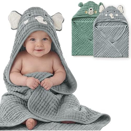 Blissful Diary Muslin Baby Hooded Towel 2 Pack, Soft & Absorbent Bath Towel for Infant, Toddler, Unisex, Baby Gift, Newborn Essentials, Smart Bear & Wise Elephant