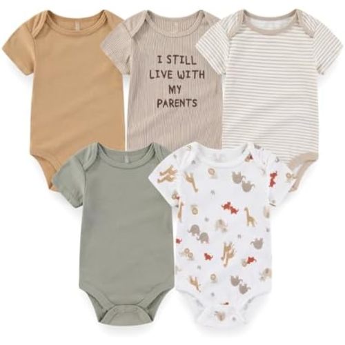 Newborn Baby Unisex Cotton One-Piece Bodysuits 5-Pack Short Sleeve Soft Baby Gift Clothes for Boys Girls