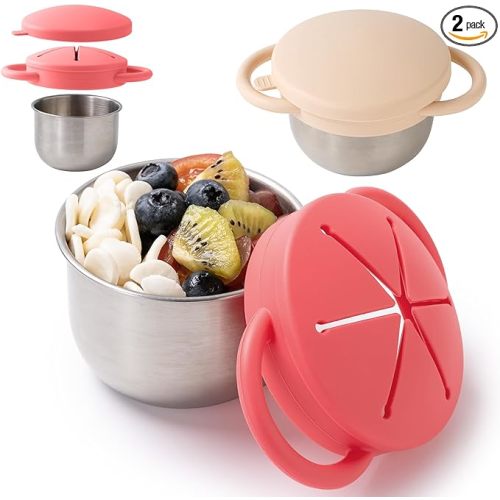 Snack Containers for Toddlers, Stainless Steel Toddler Snack Cups with Silicone Food Catcher & Lids,Snack Cups for toddlers Spill Proof (RosePink Creamy, Pack of 2)