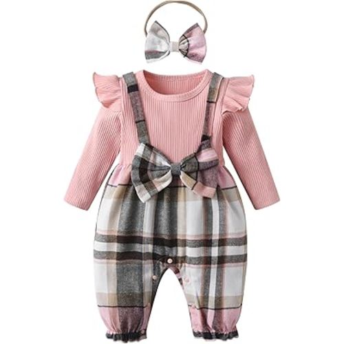 Newborn Baby Girl One-Piece Outfit Long Sleeve Plaid Bow Romper Headband Spring Summer Outfit Set
