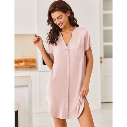Ekouaer Nightgowns for Women Button Down Sleepshirts V Neck Sleep Dress