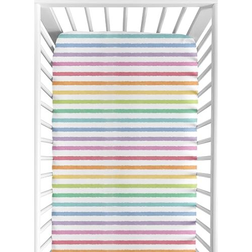 Sweet Jojo Designs Pastel Rainbow Striped Girl Baby Fitted Crib Sheet Infant Newborn Nursery Toddler Bed Room Standard Mattress Purple Pink Orange Yellow Sage Green Turquoise Blue Watercolor Abstract