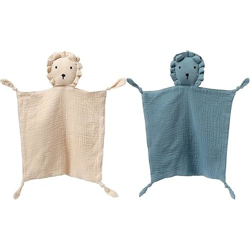 insular Lovey Blanket for Boys and Girls, Cotton Muslin Security Blanket for Babies, Soft Breathable Lovie Soothing Towel for Newborn and Infant, 2 Pcs Set, Khaki&Blue