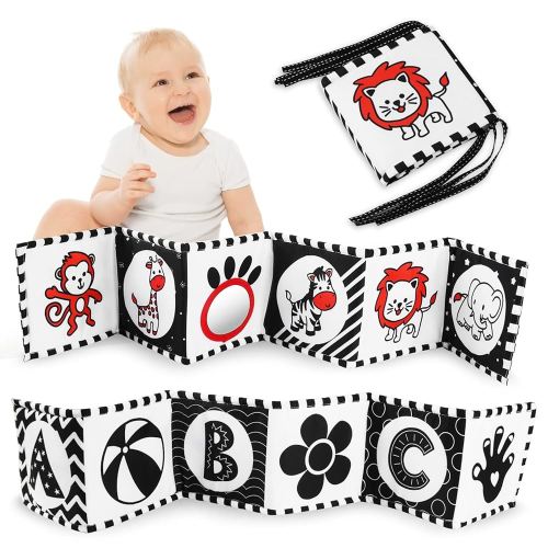 Vicloon Black and White High Contrast Baby Toys, Soft Baby Book for Newborn 0-3-6-12 Months, Infant Tummy Time Toys, Early Education Sensory Toys, Visual Stimulation Folding Cloth Book for Boys Girls