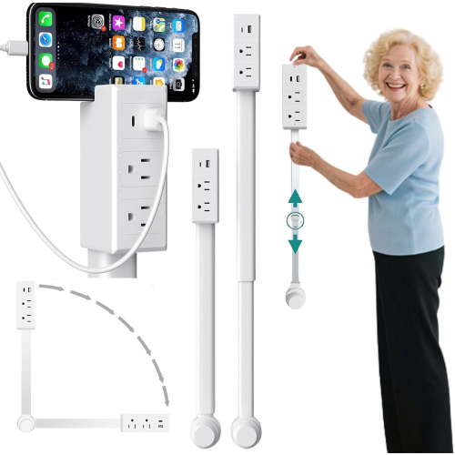 Outlet Extender Features USB-A, USB-C, and 2 AC Electrical Outlet Extender Stick for Hard to Reach Spaces Extends 22"-27", Rotates 180°. Use Behind Couches, Nightstands, Desks, and More