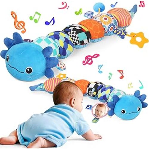 Baby Toys for 0-6 6-12 Months, Plush Axolotl Toy with Crinkle and Rattles for Infant Newborn, Sensory Music Animal Stuffed Toy for 0 1 2 3 4 5 6+ Month, Tummy Time Toys Gifts for 0-3-6-12 Months,Blue