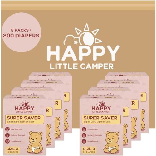 Happy Little Camper Super Saver Diapers, Size 3, 200 Count | Budget-Friendly Disposable Diapers for Sensitive Skin | Hypoallergenic, Fragrance-Free, Ultra Absorbent