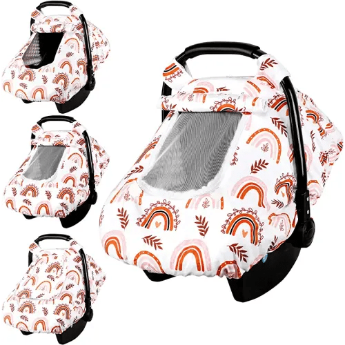 Baby Car Seat Cover Girls, Infant Rainbow Car Seat Covers Canopy for Newborn,2 Layers Windows of Breathable Mesh/Fabric, Lightweight Polyester/Minky Dot Backing, Snug Fit Most Baby Car Seat