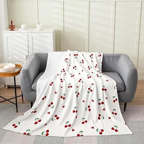 Feelyou Kids Red Cherry All Season Bed Blanket Baby 30"x40" Cherry Pattern Plush Throw Blanket Cute Fruit Flannel Fleece Blanket Kawaii Cartoon Fruit Room Decor Fashion
