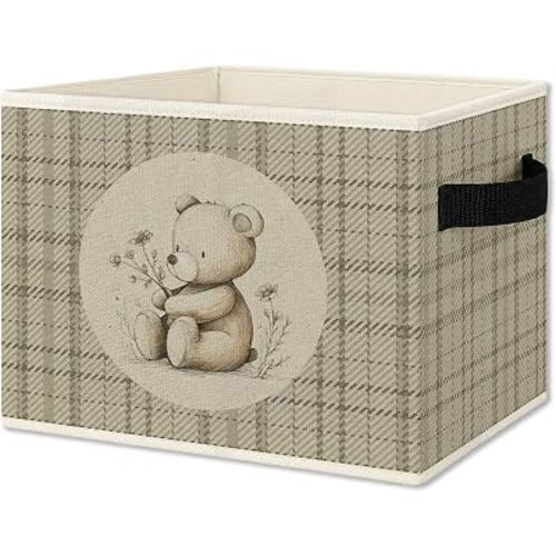 Bear Nursery Foldable Storage Bins Box with Handles, Neutral Gingham Wildflower Bear Collapsible Organizer Basket for Kids Boy Girl Nursery Room Bedroom Bathroom Clothes Toys Books