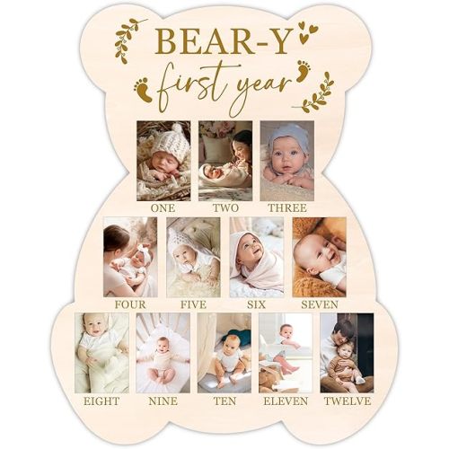 Bear My First Year Photo Board, Bear-Y Baby Milestone Signs for Boys Girls Nursery Decor, 12 Month Pictures for Baby First Year, Picture Board for 2x3 Photos, Best Babies Keepsake Gifts-A27