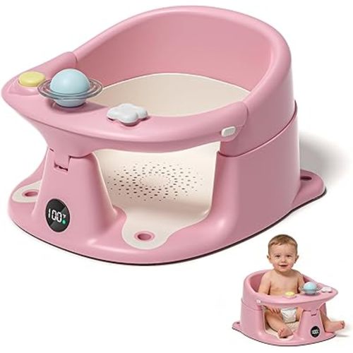 Baby Bath Seat for Babies 6 Months & up with Thermometer, Non-Slip Toddler Bath Seats for Sitting Up, Safe Infant & Newborn Bathtub Chair with 4 Suction Cups, Soft Cushion & Temperature Display, Pink