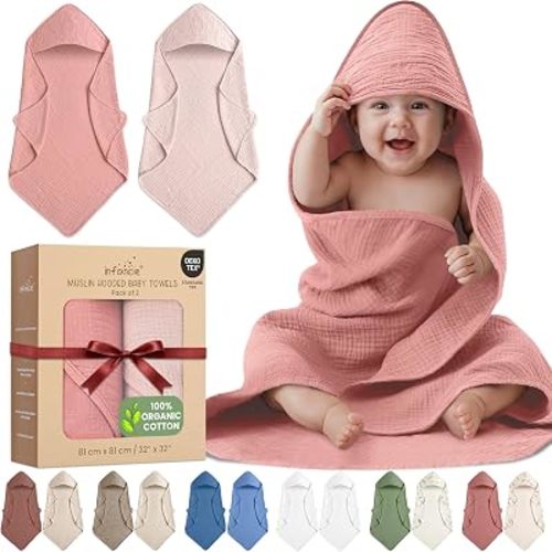 100% Organic Cotton 2 PK Muslin Baby Towels for Newborn 32x32 in