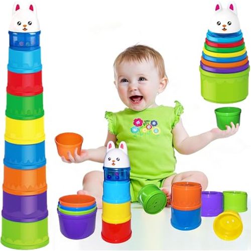 Baby Stacking Cups, Nesting Stacking Toys for Toddlers 1-3 Montessori Toys for 1 Year Old Gift, Kid Water Bath Toys for Babies 6-12 Months Developmental Cause and Effect Color Sorting Blocks