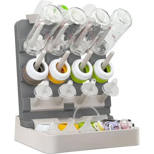 Baby Bottle Drying Rack, Vertical Standing Bottle Dryer Rack Holder-Space Saving Baby Bottle Drying Rack for Countertop-Holds Up to 12 Baby Bottles & Cup(Gray & Khaki)