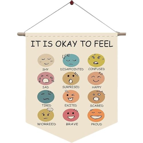 Toddler Room Decor Playroom Decor “It is Okay to Feel” Kids' Room Decor Canvas Hanging Flag Banner Wall Decoration Birthday for Boys and Girls