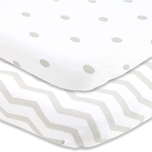 Cuddly Cubs Pack and Play Sheets Fitted – for Graco Pack n Play Playard – 2 Pack – Snuggly Soft Jersey Cotton Mini Crib Mattress Sheets Set for Baby Boy, Girl – Grey Polka Dots, Chevron