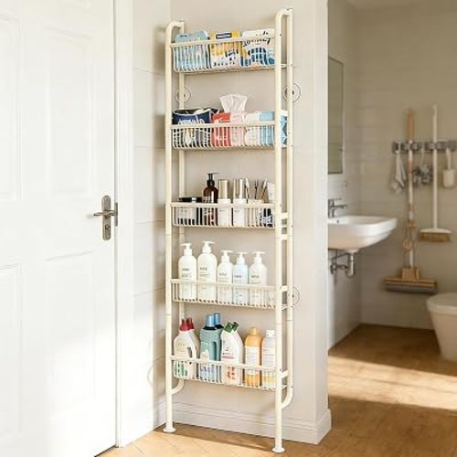 Behind The Door Narrow Bookshelves Pantry Spice Rack 5-Tier Slim Metal Space-Saving Organizer for Bathroom Closet Kitchen Living Room Sturdy Room Laundry Room, White