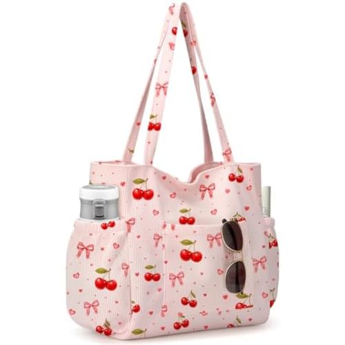 Corduroy Tote Bag for Women,Large Capacity Cute Tote Bags With 6 Pockets,Crossbody Shoulder Handbag for Work Travel Gym
