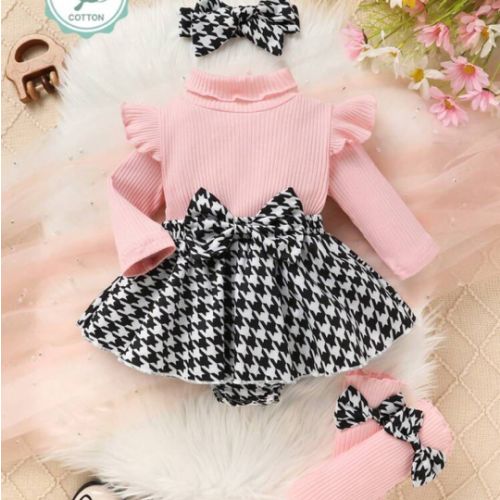 3pcs/Set Baby Girls' Casual Elegant Sweet Cute Bow Decor Houndstooth Ruffle Hem Romper Dress Set With Bow Socks And Headband, Soft & Comfortable, Baby Girl Clothing, Infant Girl Dress, Suitable For Daily Use, Vacation, Party, Photo Shoot | SHEIN USA