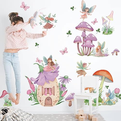 LHIUEM Girls Fairy Wall Decals Butterfly Wall Stickers 39pcs Flowers Wall Decal for Girls Room Removable Vinyl Decals Dacing Girl Mushroom Wallpaper Forest Fairy Girl Wall Sticker for Bedroom Nursery