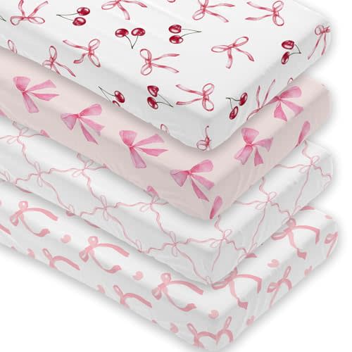 4 Pack Pink Bow Crib Sheet Set for Baby Girl, Soft Breathable Fitted Crib Sheet 28 x 52 in, Nursery Decor for Standard Crib and Toddler Bed Mattresses