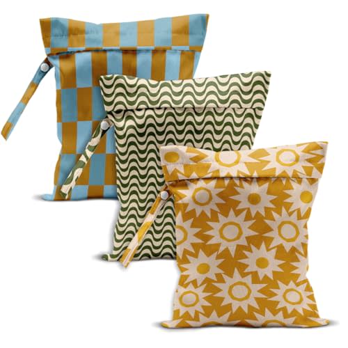 Retro Geometric Print Wet Dry Bag, Reusable Washable Waterproof Wet Bag for Swimsuit Diaper Dirty Clothes, Set of 3, Portable Storage Pouch for Travel Beach Pool Gym Camping, Cute Boho Lover Gifts
