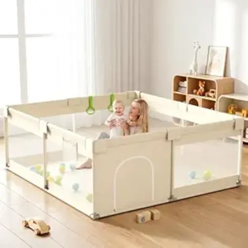 Uanlauo Beige Small Baby Playpen - 47x47in Playpen for Babies and Toddlers, Safe Indoor Play Pen, Baby Pen with Storage Bag and Breathable Mesh