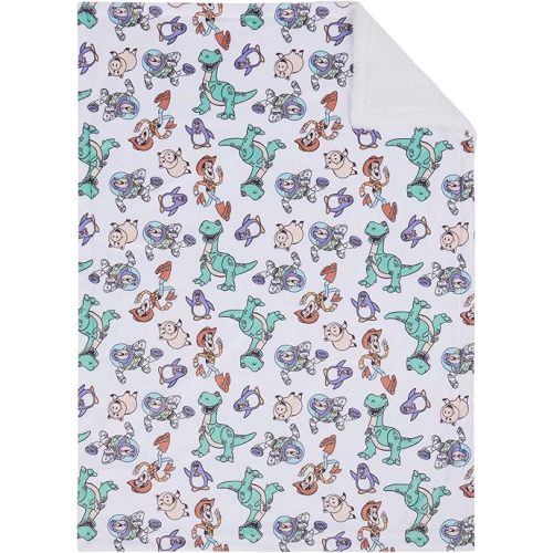 NoJo Disney Toy Story Play All Day Sherpa Baby Blanket - Woody, Buzz, Rex, Wheezy, and Hamm, Teal, Blue, and White (an Official Disney Licensed Product)