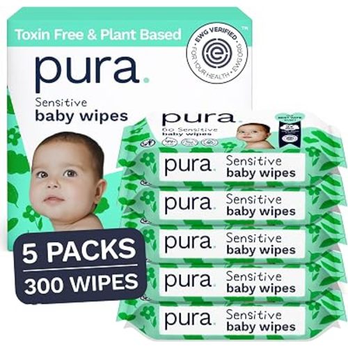 Pura Baby Wipes Unscented 300 Wipes (5 Packs) Sensitive Skin with Aloe Vera