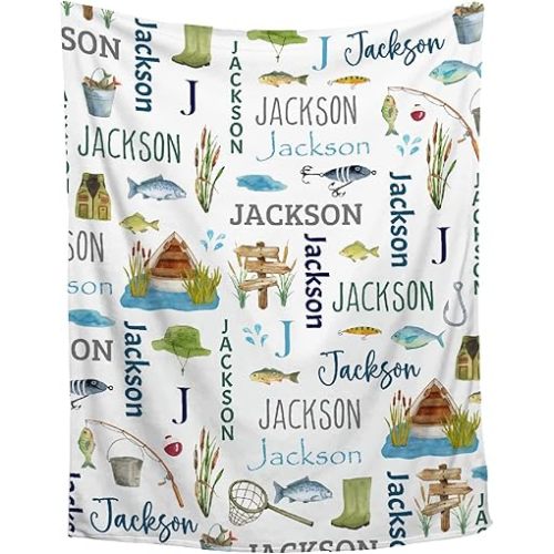 Personalized Gone Fishing Blanket with Name, Customized Fishing Blanket for Kid, Infant, Toddler, Soft Plush Baby Newborn Registry Gift, Room Decor 30''x40''
