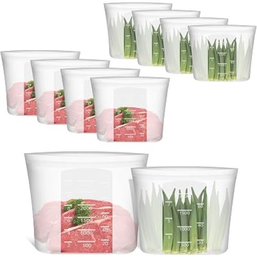 Reusable Storage Bags, Set of 2 Large Sizes, 8 Pack 100% Silicone Food Storage Bags Stand Up Zip Lock Bag for Food, Freezer Microwave Oven Dishwasher Safe, 4 XL-4/5 Gallon, 4 L-1/2 Gallon, Translucent