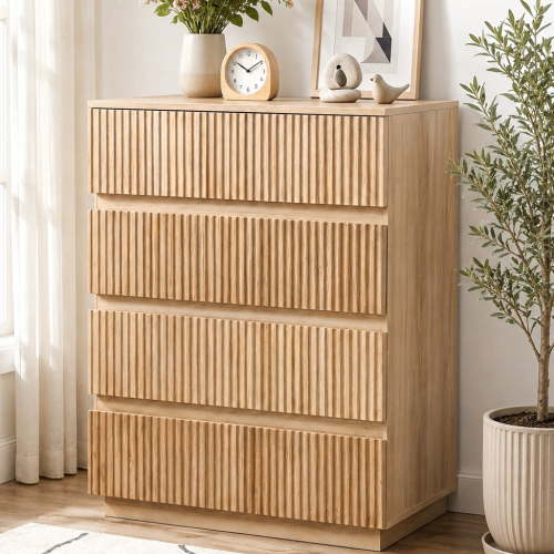 Ktaxon Solid Wood 4 Drawer Dresser Nightstand Modern Wood Chest of Drawers Bedroom Modern Stylish Farmhouse Finish, Oak
