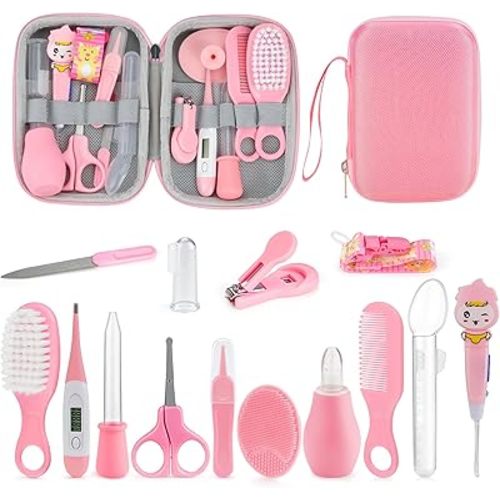 OTTOLIVES Baby Healthcare and Grooming Kit, 15 in 1 Baby Shower Gifts with Nail File, Hair Brush Comb, Toothbrush, Nasal Aspirator, Baby Essentials Kit for Newborn Infant Girls Boys (Pink)
