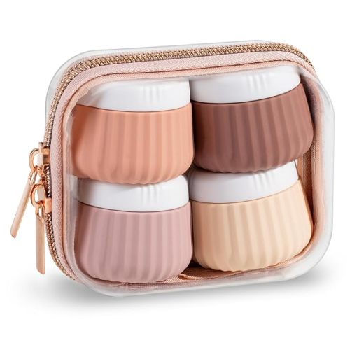 Travel Containers for Toiletries 4 Pack, Clear Hard Zipper Case, TSA Approved Travel Size Toiletries, With Clear Bag Leak Proof Silicone Jars, Creams Jars Carrying Small Items