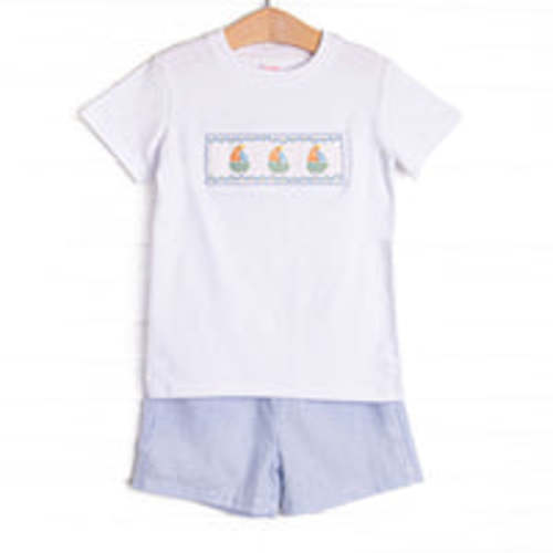 Coastal Cruise Smocked Short Set, Blue Seersucker – Stitchy Fish