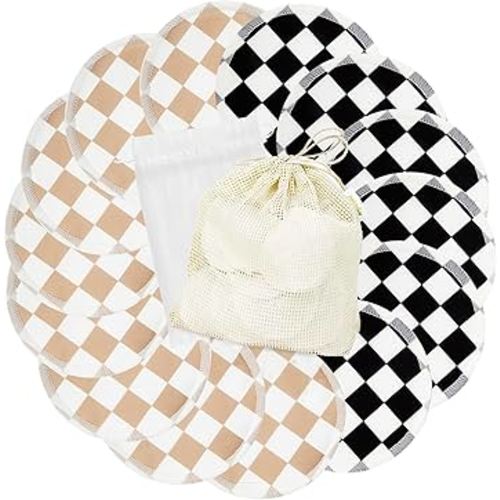 wegreeco Nursing Breast Pads (14 Pack) + Laundry Bag & Travel Storage Bag, 4.7 inch Option - Washable & Reusable Breastfeeding Nursing Pads (Light Coffee, Black Checkerboard, Large, Plain Shape)