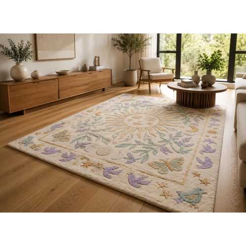 Hand-Tufted Celestial Sun Wool Rug, Whimsical Botanical Floral Area Rug, Pastel Moon Garden Carpet, Boho Bedroom Nursery Decor