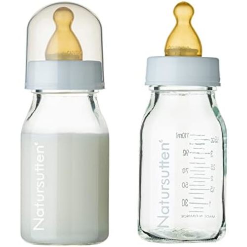 Natursutten Anti-Colic Glass Baby Bottle 2-Pack - 4 Ounce Bottles for Breastfeeding Babies - Newborn Bottles Set: Natural Rubber Slow-Flow Bottle Nipples, Seals, Valves, Baby Bottle Caps