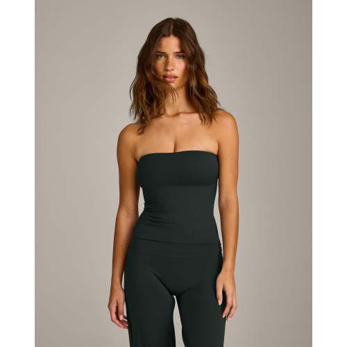 SoftMotion™ Bandeau Tank Top with Built in Bra Shelf with Gray Logo | Emerald Noir