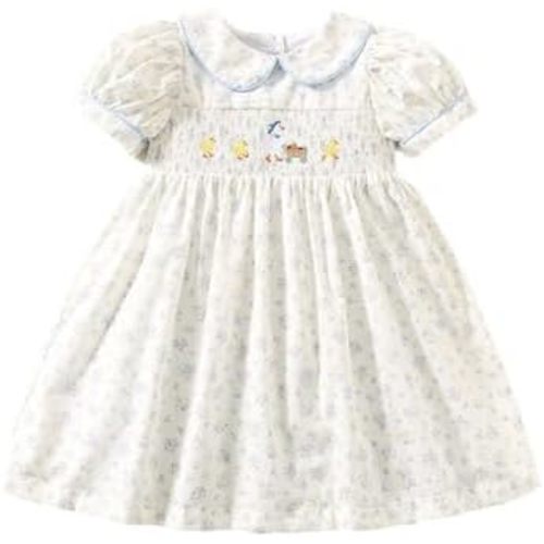 Baby Girl Smocked Dress with Duck Embroidery Cotton Floral Print Cute Toddler Dress Peter Pan Collar Blue Gingham Sash