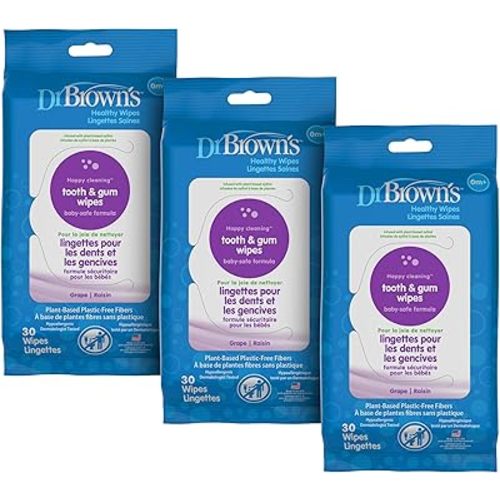 Dr. Brown's Tooth and Gum Healthy Wipes, Fluoride-Free Oral Care for Babies, Grape Flavor, 30 count, 3-Pack (Packaging May Vary)